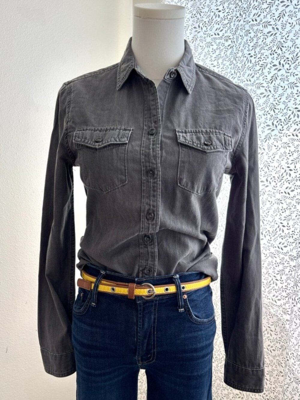 Banana Republic Dark Gray Denim Shirt Button Up Cotton Utility Womens XS